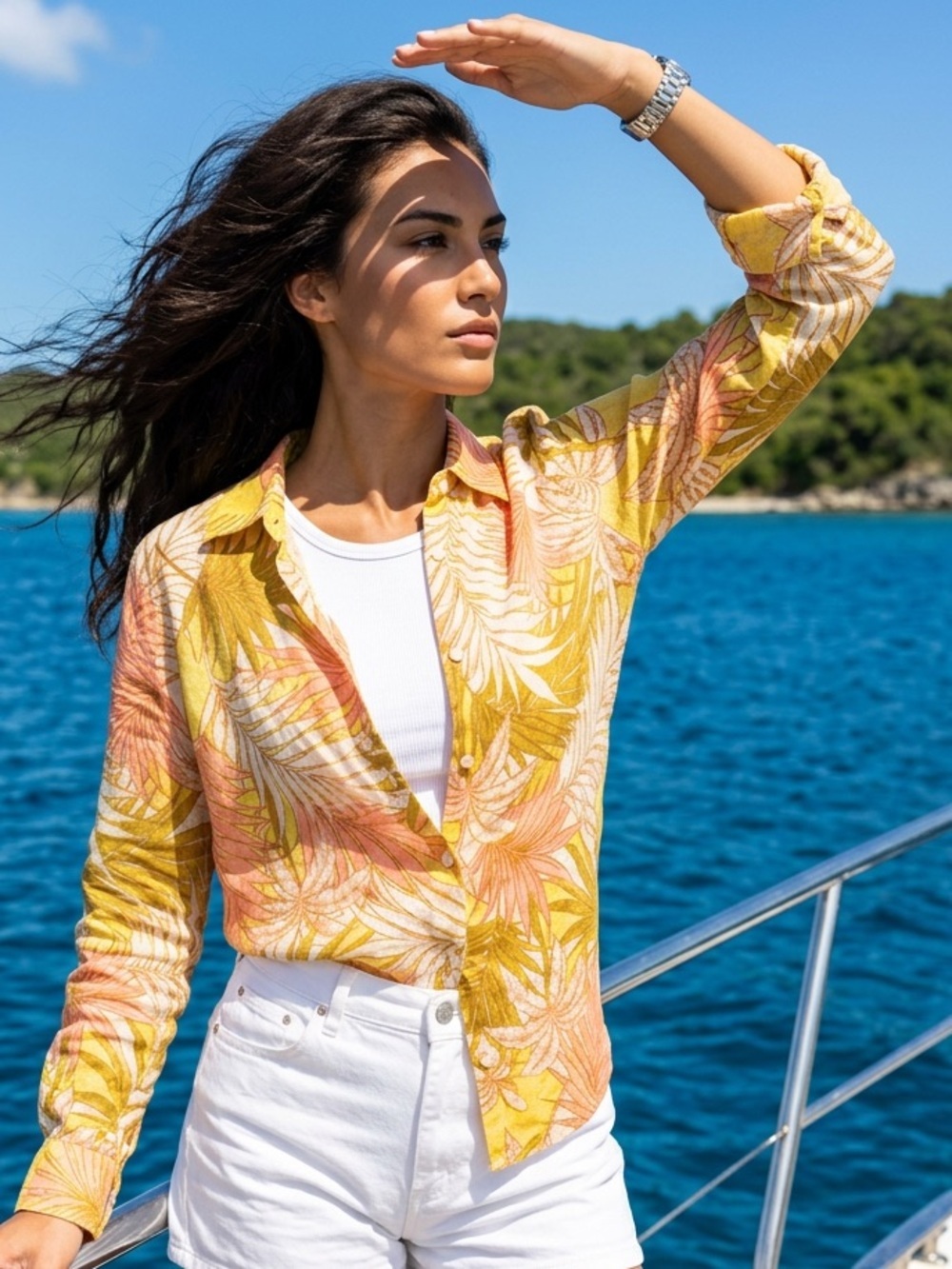 Tahari linen tropical boho coastal oversized button-up shirt
